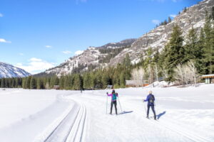 two skiers from the back in the methow valley during winter